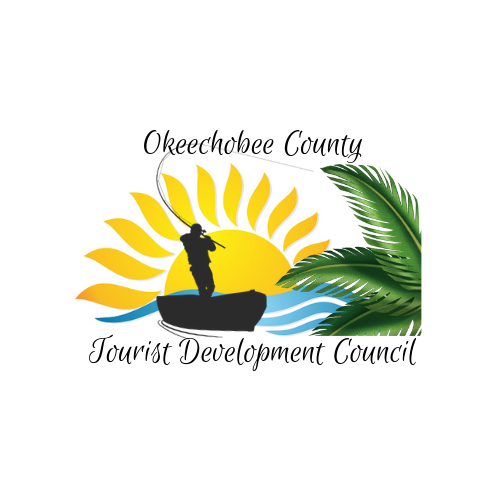 Okeechobee logo with fisherman sun water and palm frond